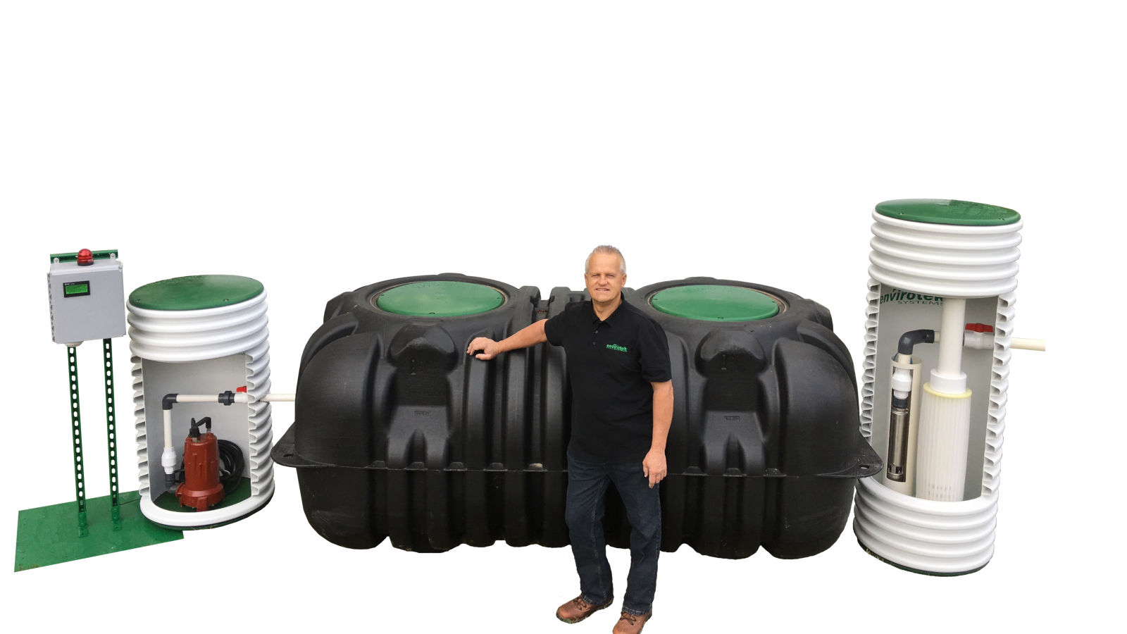Envirotek Systems owner Jon Hancock with septic tank, pumps & filters